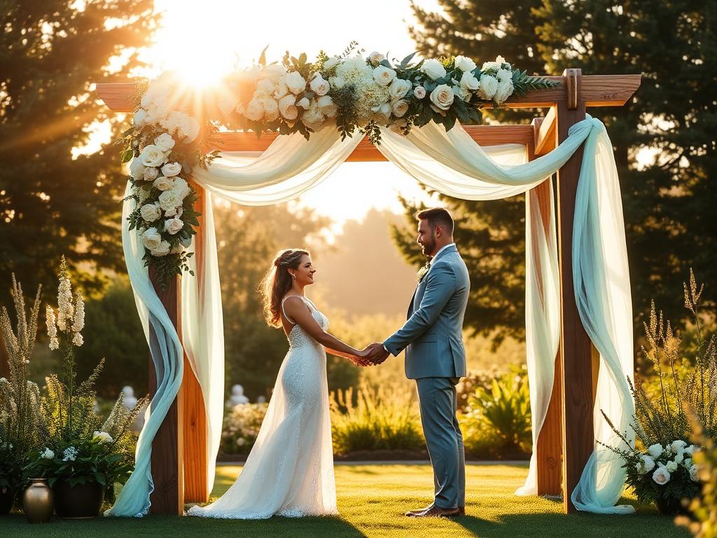 Sunlit chapel aisle decorated with flowers for a wedding